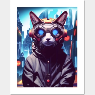 Cool Japanese Techno Cat In Future World Japan Neon City Posters and Art